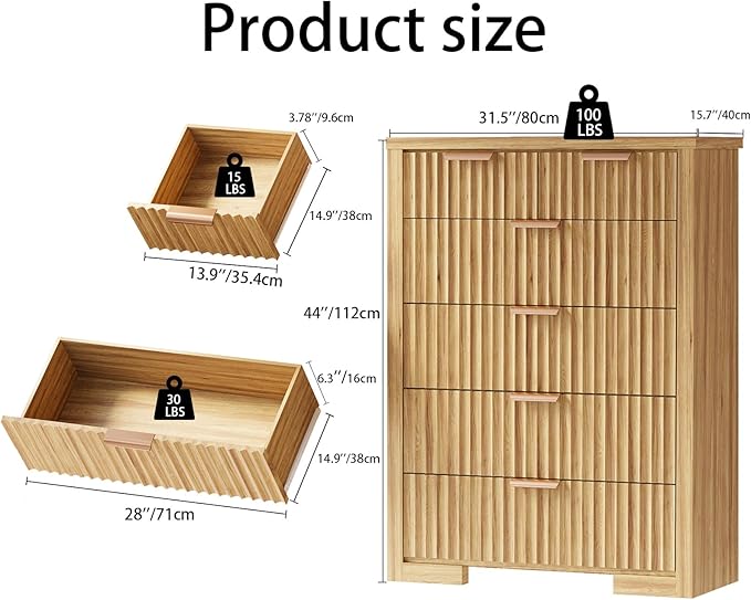 Fluted Dresser, 44" Tall 6 Drawer Dresser for Bedroom, Modern Wooden Closet Dressers for Living Room, Entryway, or Hallway,Natural Oak