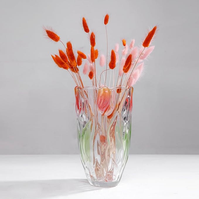 Glass Flowers Vase 9.3 inch Tall, Unique Crystal Vases for Tables Centerpieces, Vintage and Tulip Shape Large Vases Christmas Thanksgiving Gifts. (Green)