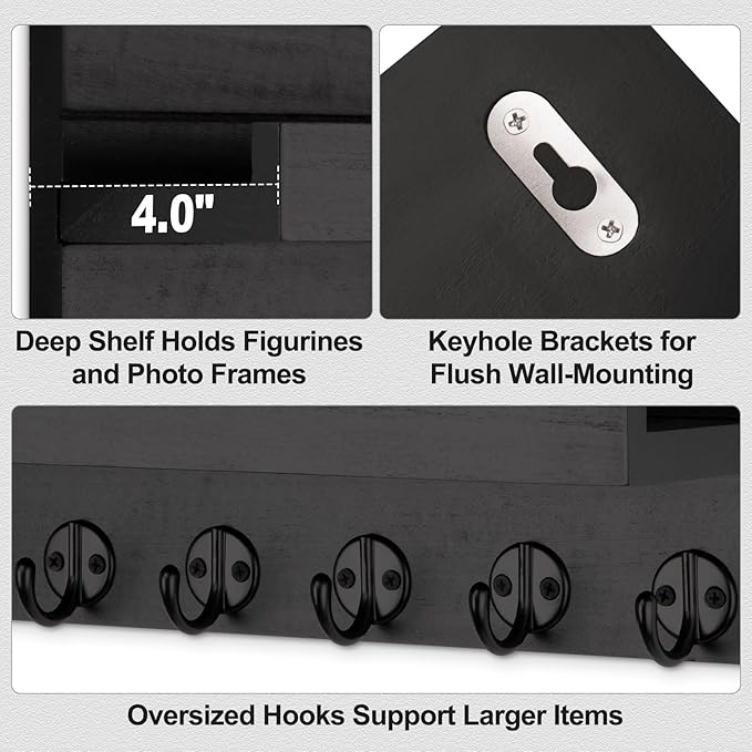 Lwenki Key Holder Wall Mount, Entryway Key and Mail Holder with 7 Sturdy Hooks for Sunglasses, Dog Leash, Decorative Wall Shelf with Mounting Hardware, 15”W x 6.7”H x 4.2”D