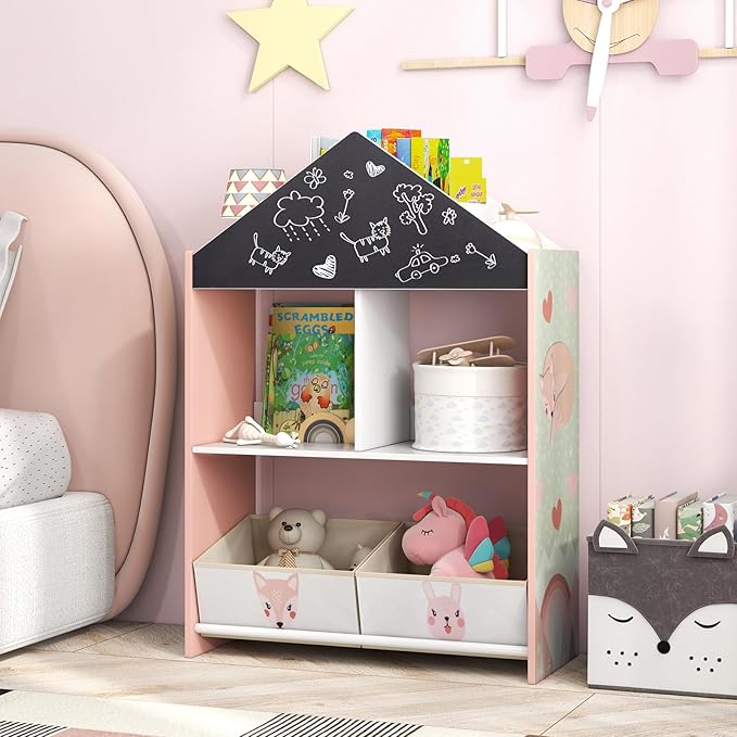 HONEY JOY Toy Storage Organizer, Wooden Dollhouse Bookcase w/Blackboard, Whiteboard, Storage Bins, Toddler Book Shelf, Children Toy Display Chest Cubby, Kids Bookshelf for Playroom Nursery (Pink)