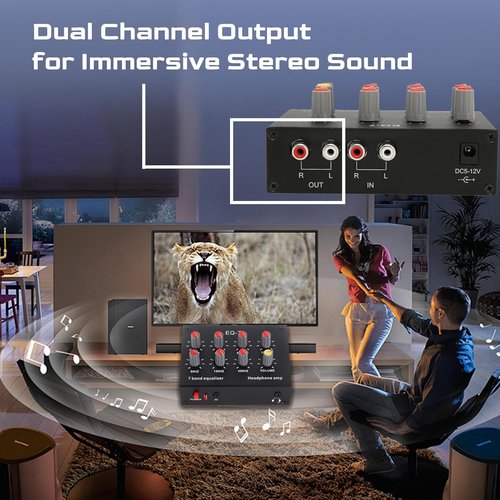 EQ-7 Audio Signal Headset Amplifier - 7 Band Car Audio Equalizer with 12dB Bass Boost | Dual Channel, 3.5mm Interface