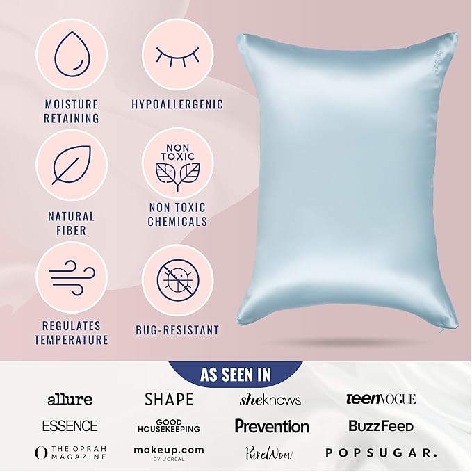 Blissy Silk Pillowcase - 100% Pure Mulberry Silk - 22 Momme 6A High-Grade Fibers - Silk Pillow Cover for Hair & Skin - Regular, Queen & King (Sky Blue, Standard)