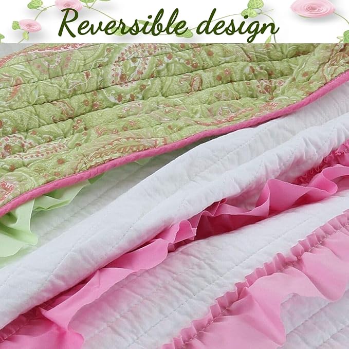 Cozy Line Home Fashionsn Chic Ruffles Pink Green Girl 100% Cotton Reversible All-Season Coverlet, Bedspread, Quilt Bedding Set (Charlotte, Queen)