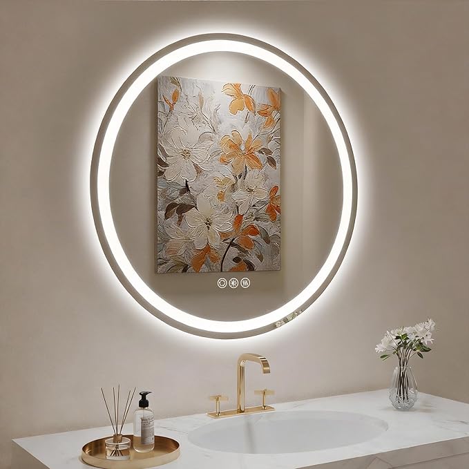 LOVESPEJO 30" Round LED Mirror for Bathroom, Circle LED Bathroom Vanity Mirror with Lights, Anti-Fog, Dimmable, 3 Colors, Shatterproof