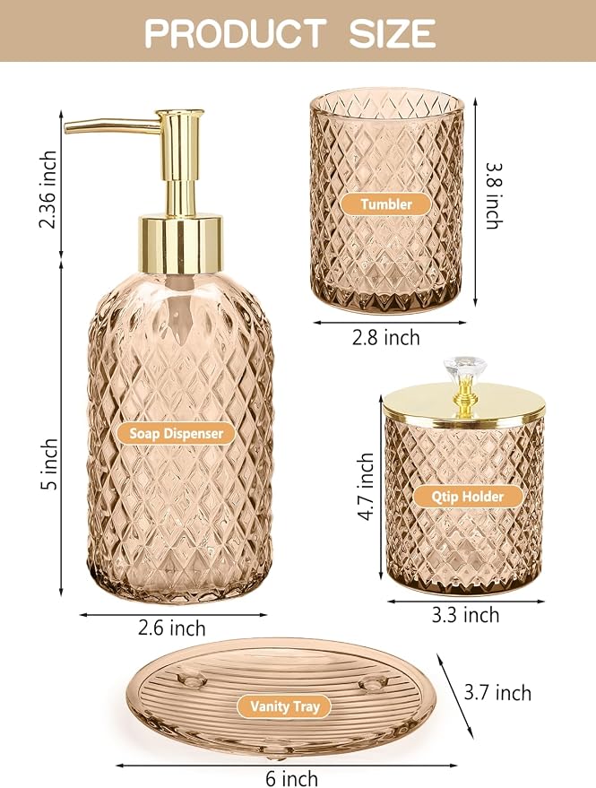 Haturi Amber Brown Bathroom Accessories Set, 4Pcs Glass Bathroom Accessory Set Complete w/Soap Dispenser, Toothbrush Holder, Qtip Holder, Soap Dish, Gold Bathroom Decor Sets, Gift for Home Apartment