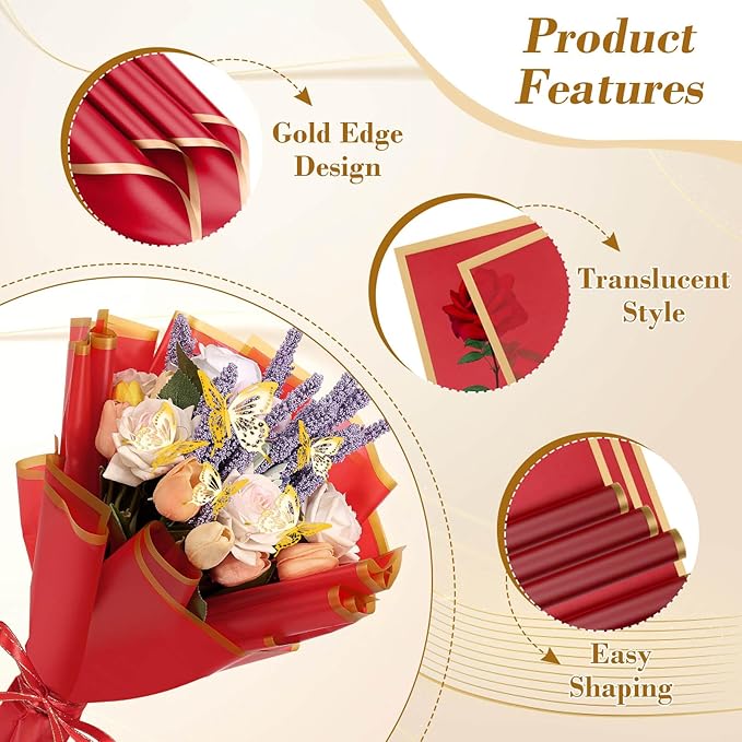 cridoz 20 Sheets Flower Bouquet Wrapping Paper with 12 Pieces Gold Butterfly Decorations for Flower Bouquets, Gift Wrapping(Red)