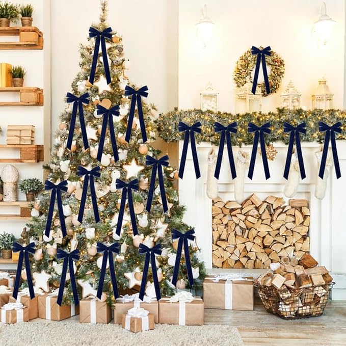 JOICEE 15Pcs Velvet Bows for Christmas Tree, Christmas Wreath Bows Rustic Crafts Gift Bows Velvet Vintage Ribbon Bows for Xmas Home Garland Decorations Holiday Outdoor Indoor Decor(Blue)