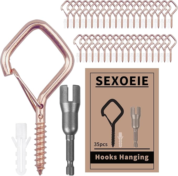 Sexoeie 35PCS Eye Screw Hooks for Hanging Heavy Duty with Safety Buckle.Metal Ceiling Hooks for Hanging Plants,Cup,Wind Chime,Bird Feeders,String Lights at Indoor&Outdoor,2.36 Inches Rose Gold