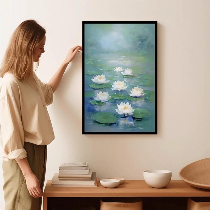 Zen wall art Delicate white lotus flower floating on calm water Vintage oil painting print Serene aquatic wall art creates a tranquil home decor 12x18in Metal blackFramed