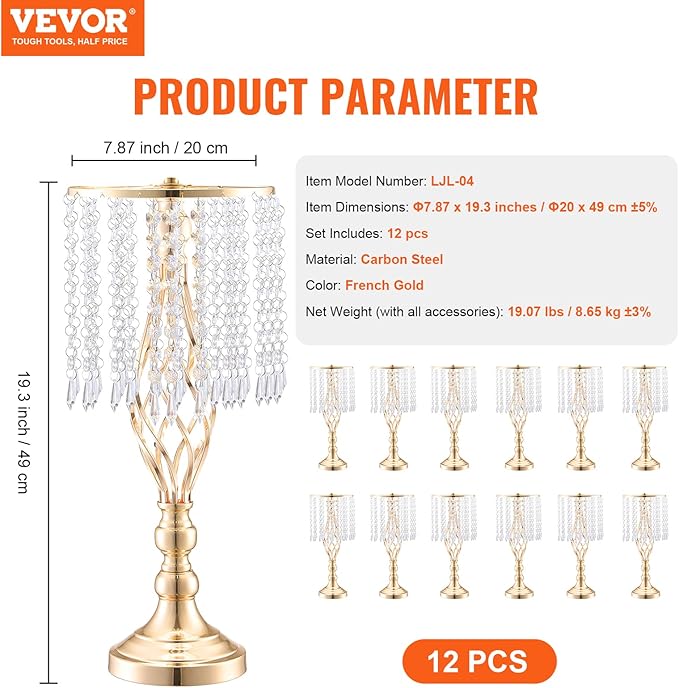 VEVOR Metal Wedding Centerpiece Gold,Crystal,12PCS 49cm/19.3”