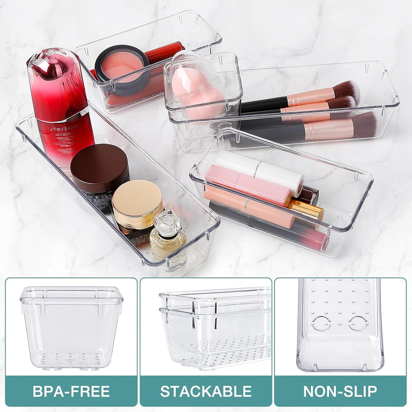 StorMiracle 16 PCS Drawer Organizer Set - Versatile Clear Storage Bins for Bathroom & Kitchen | Makeup, Jewelry & Utensils