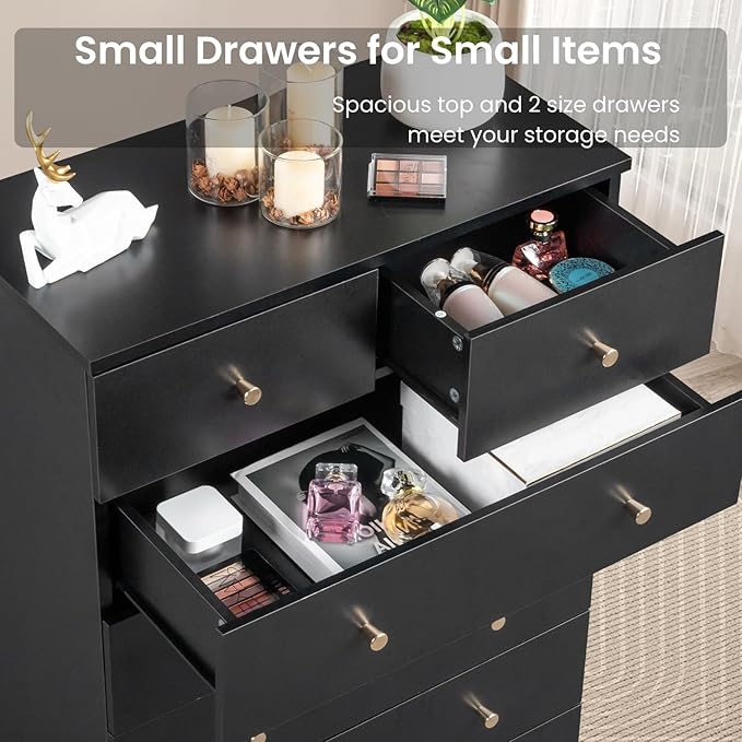 Karl home Black 7 Drawer Dresser for Bedroom, Tall Dresser Chest of Drawers, Wood Bedroom Dressers Clothes Organizer, Anti-Tipping Device, Rose Gold Metal Handle, Living Room, Entryway, Office