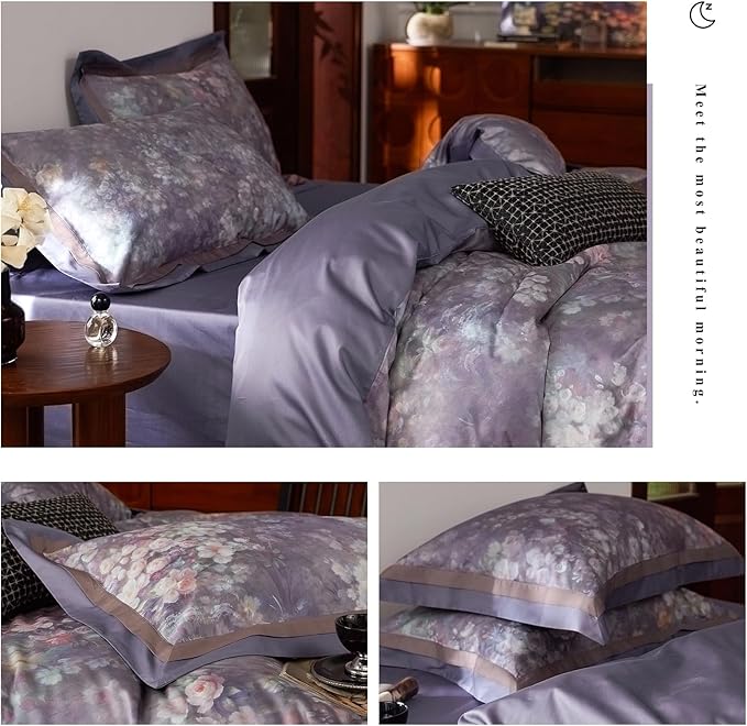 VM VOUGEMARKET Purple Floral Duvet Cover Set Queen,3 Pieces Garden Flower Duvet Cover with 2 Pillow Shams Smooth Silky Long Staple Cotton Bedding Set-Queen,90x90 Inch