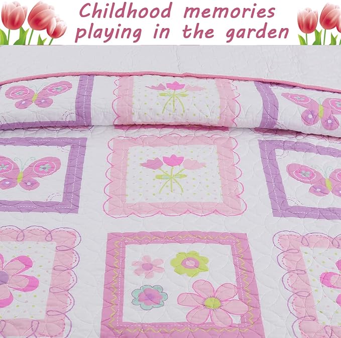 Cozy Line Home Fashions Pink Butterfly Tulip Floral Print Girl 100% Cotton Reversible Quilt Bedding Set, Coverlet, Bedspread (Twin - 4 Piece)