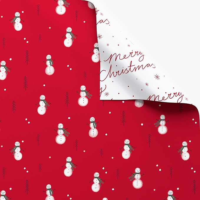 American Greetings Reversible Snowman Christmas Wrapping Paper Roll, Red and White Holiday Gift Wrap (60 sq. ft., 1 Standard Roll Wrap-30 in. x 24 ft.) Minimalist Design with Merry Christmas Script