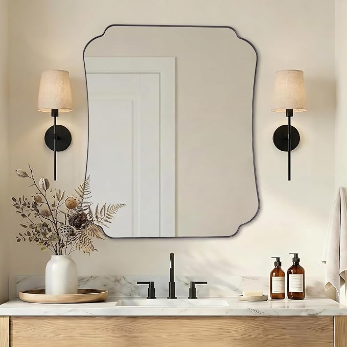 ANDY STAR Matte Black Mirror 30x36 Inch, Scalloped Wall Mirror, Unique Rectangular Bathroom Mirror in Premium Stainless Steel Metal Frame 1’’ Deep, Hangs Vertically/Horizontally