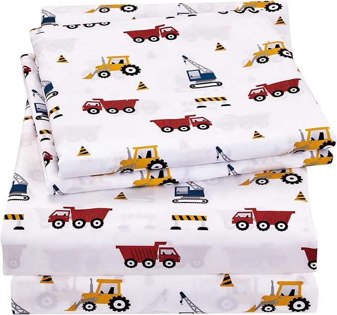 Viviland 3 Pieces Boys White Twin Sheet Set - Soft Microfiber Fitted Flat Sheets & Pillowcase Bed Sheet Set- Red Excavator Construction Tractor Truck Bedding Sets - for Kids & Toddlers