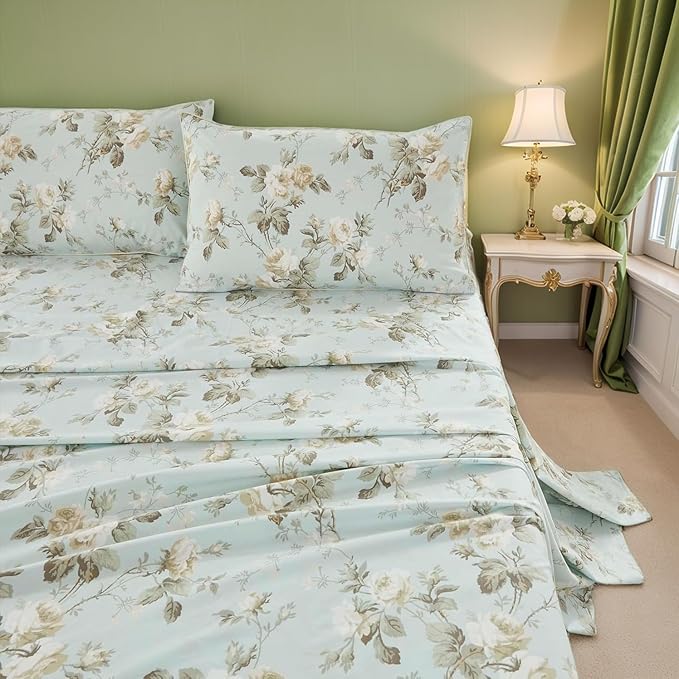 Brandream French Country Garden Toile Floral Print Bed Sheet Set Luxury Bedding 800 Thread Count 100% Egyptian Cotton Deep Pocket Tapestry Pattern Chinoiserie Peony Blossom Tree, 4Piece-King Size