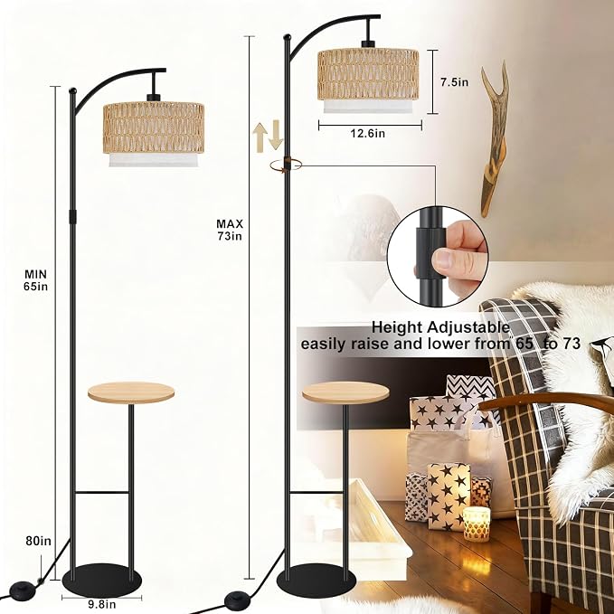 Arc Floor Lamp with Table and Shelves Dimmable Standing Lamp with Rattan and Fabric Shade, Boho Farmhouse Floor Lamp for Living Room with Remote, Wicker Tall Lamp with 3 Color Temperatures