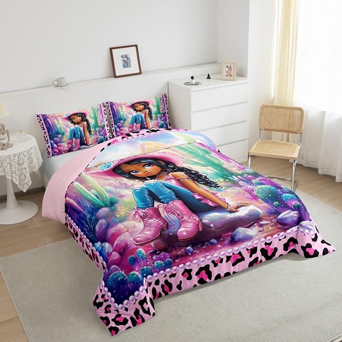 Western Cowgirl Comforter Set Twin Size,Reversible Cute Girl Cactus American Style Bedding Set for Kids Boys Men,African Pink Leopard Print Plaid Black Quilted Duvet Set with 1 Pillowcase