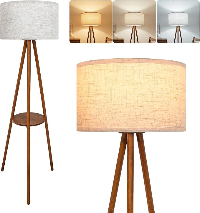 Modern Floor Lamp with White Drum Shade, Wood and Metal Construction, Adjustable Height, for Living Room, Bedroom, Office