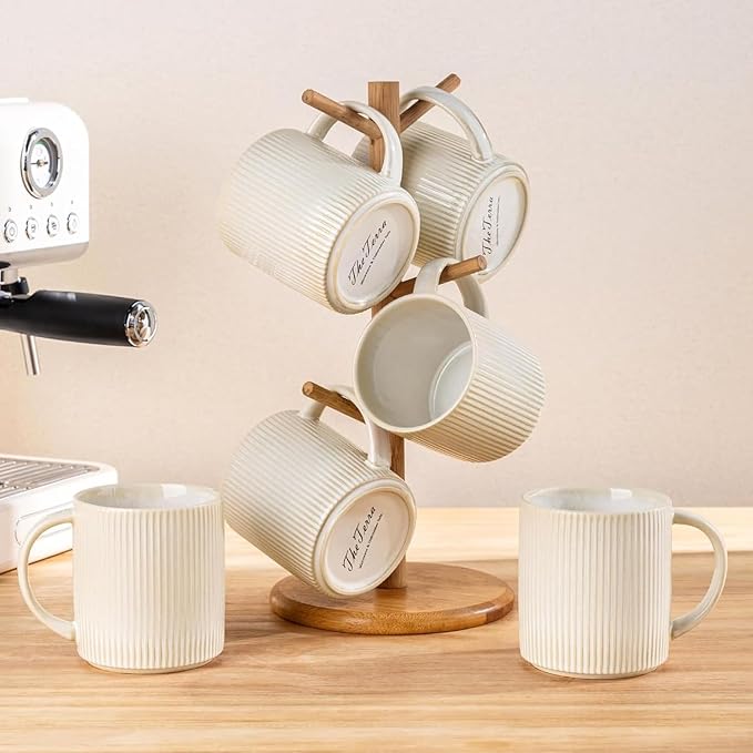 theterra Ceramic Coffee Mugs Set of 4, 14.2oz Handmade Coffee Cups with Handle for Latte, Tea, Milk, Beer, Hot Cocoa, Reactive White