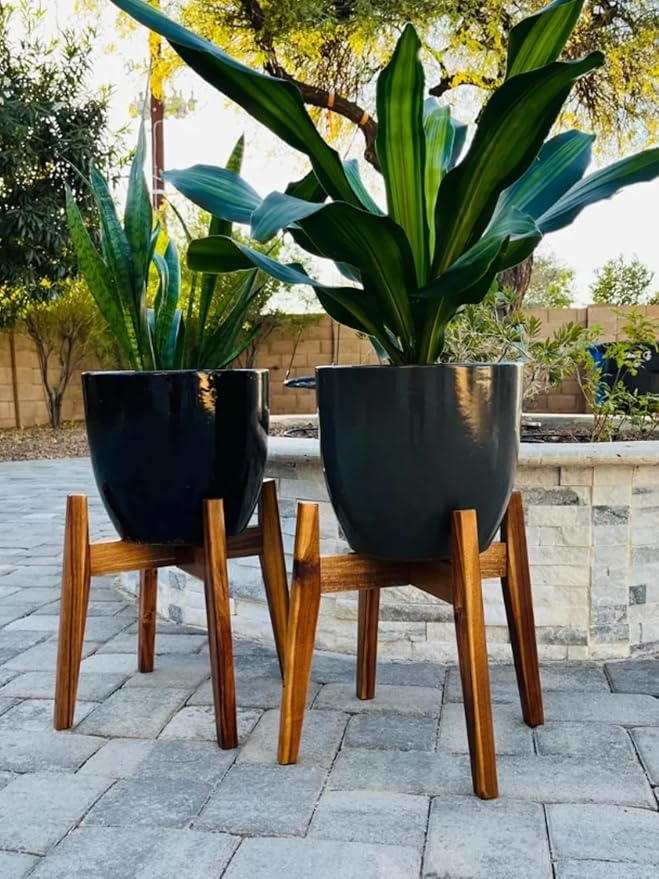 Mid Century Modern Acacia Wood Plant Stand for Indoor Plants, Adjustable Solid Wood Pot Holder Fits Up to 11 Inch Pots