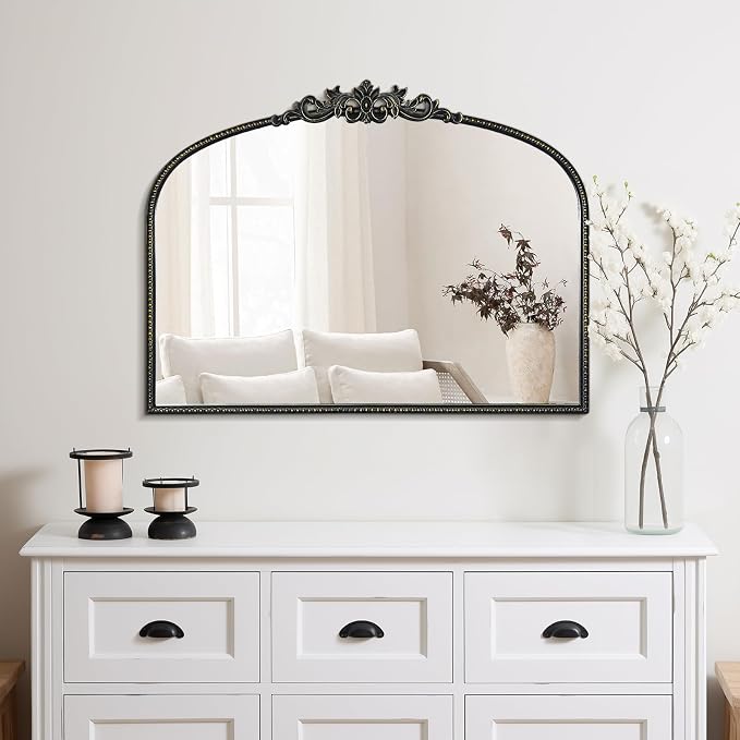 WallBeyond Black Vintage Mirror for Vanity 32x24 Inch, Black Antique Mirror with Ornate Frame, Arched Vintage Wall for Bathroom, Living Room, Fireplace, Entryway