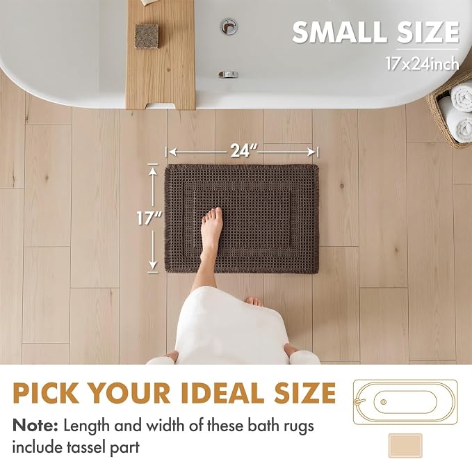 MIULEE Set of 2 Waffle Bathroom Rugs, Boho Bath Rug Super Absorbent, Non Slip Washable Ultra Soft Rubber Backed Shower Bath Mats for Floor, Tub, Shower, Looped Design, Chocolate, 17x24 Inch