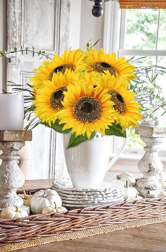 Large Sunflowers Artificial Flowers 8" Full Bloom Long Stem Artificial Sunflower 33" Tall Sun Flowers Giant Silk Sunflowers with Stem Fake Sunflower Floral Arrangement for Home Wedding Decoration