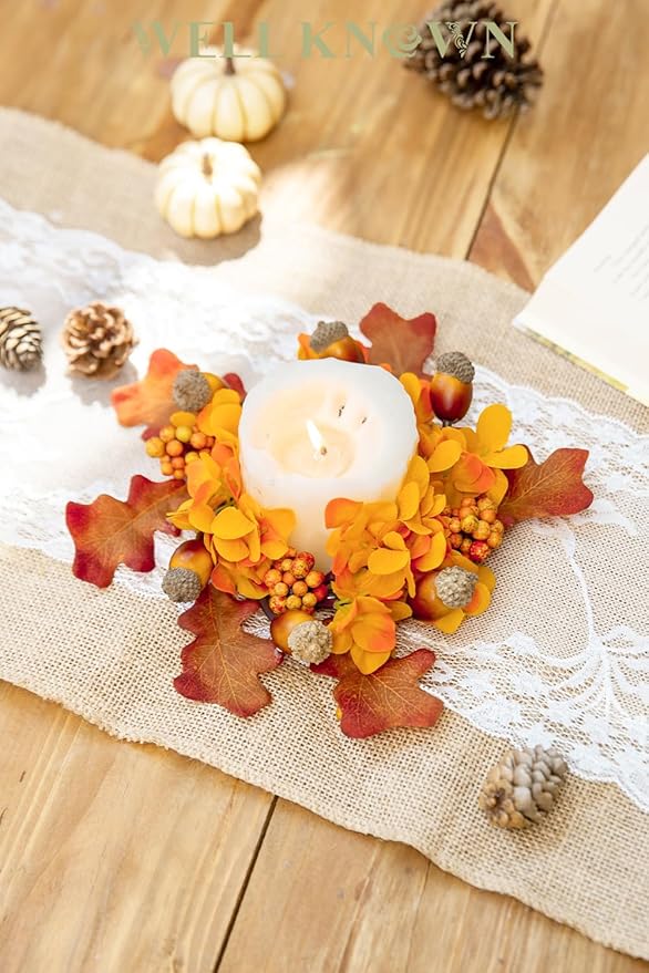 2 Pcs Mini Orange Acorn & Berry Candle Rings Wreaths for Pillars Home Table Window Decor, 9" Artificial Hydrangea Flower Cabinet Wreath for Fall Winter Kitchen Farmhouse Wedding Christmas Party Gift
