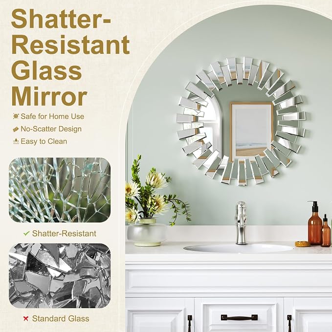 Silver Round Sunburst Wall Mirror - 26" Large Beveled and Birrored Edge Elegant Modern Bohemian Sun Wall Decorative Mirror for Entrance Bedroom Living Room Hallway Bathroom Fireplace Dining Room