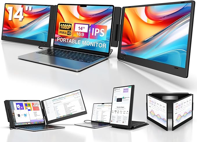 KYY Portable Monitor for Laptop, 14'' FHD 1080P USB-C Triple Screen Extender, Travel Monitor for Computer, Dual Screen for 12"-16" Laptop, X90A (Mac, Wins, Android)