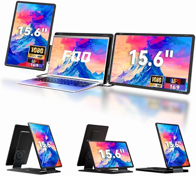 FQQ 15.6" Detachable Laptop Screen Extender, FHD 1080P IPS Dual/Triple Portable Monitor for Laptop, USB-C/HDMI Plug & Play, Multi/Extra Travel Display Computer Monitor for 12-18.5" Win/Mac/Android-S9H
