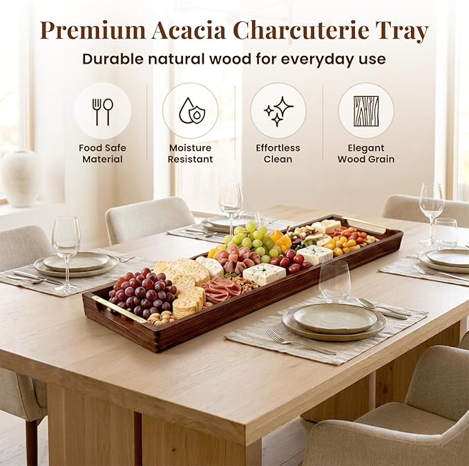 36" Acacia Wooden Charcuterie Board with Handles, Extra Long Cheese & Serving Tray for Party Appetizers, Bread, Meat & Fruit Display, Natural Wood Kitchen Platter for Entertaining