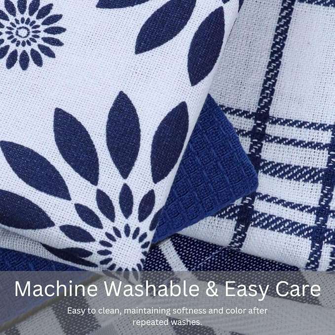 Assorted Kitchen Towels Set of 5-100% Cotton Dish Cloths Towels with Hanging Loop - Soft, Absorbent & Washable for Kitchen Use - Quick Drying Dish Towels 16x26 Inch Blue