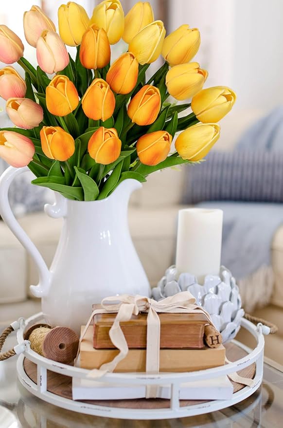 24 Pcs Artificial Tulips Flowers Mixcolor Real Touch Fake Tulips Fake Flowers for Mother's Day 13.5" Faux Tulips Faux Flowers Bulk Artificial Tulips Flowers for Vase Centerpieces Home Wedding Bouquet