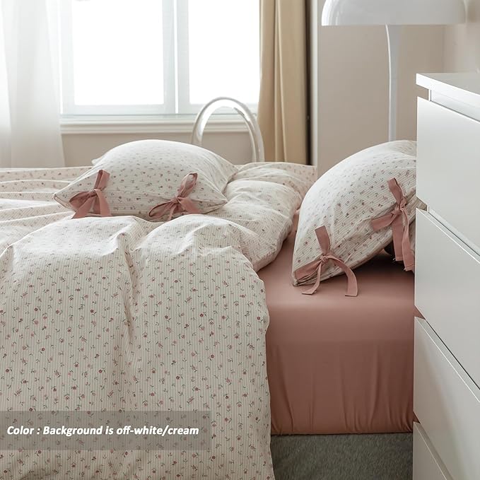 VM VOUGEMARKET Pink Flower Stripes Duvet Cover Set Twin 100% Cotton Blossom Duvet Cover with Zipper Closure,Cottagecore Bedding Set for Girls Women-68 x86,Off-White