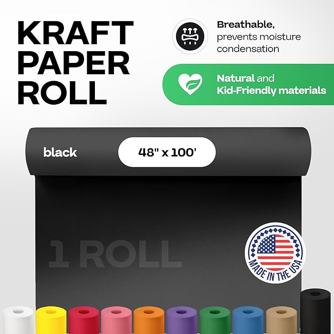 Black Paper Roll 48" x 1200" (100 feet) - USA-Made Kraft Paper 50lb Thickness for Packing, Wrapping, Moving, Shipping & Crafts/Arts - 100% Recyclable Natural Craft Material Roll by IDL Packaging