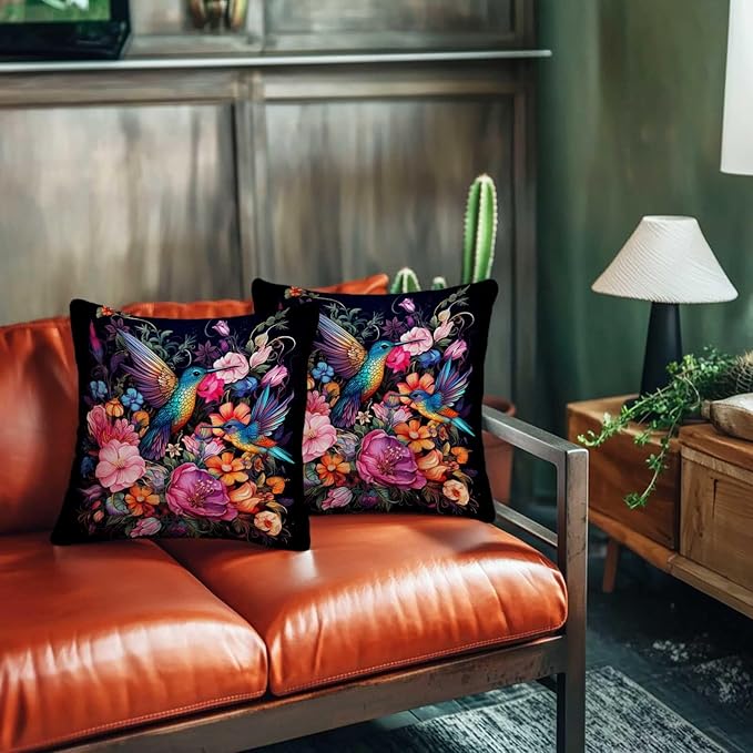 Hummingbird Throw Pillow Covers 18x18 Set of 2 | Reversible Decorative Cushion Cases for Living and Bed Room | Square Bird Pillowcases for Sofa, Couch and Outdoor