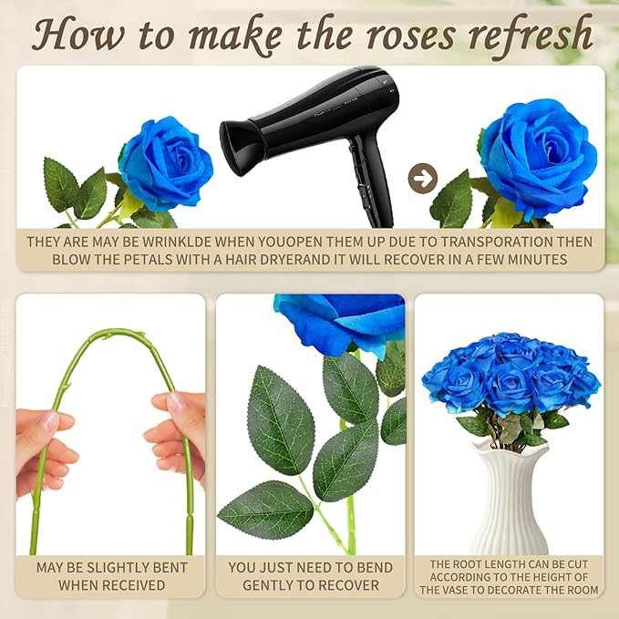 22 Pcs Artificial Roses - Realistic Velvet Flowers with Stems, Bulk Faux Roses for Home Wedding Party Decor (Blue)