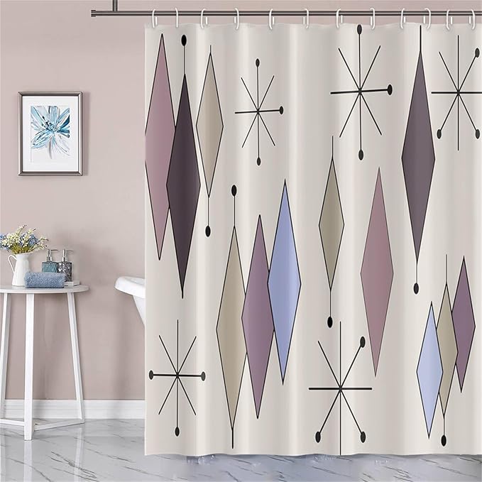 Mid Century Shower Curtain Abstract Purple Diamond Geometric Atomic Starburst Pattern Beige Backdrop for 1950s Retro Bathroom Decor Accessories Shower Curtain Set with 12 Hooks, 48x72 Inches