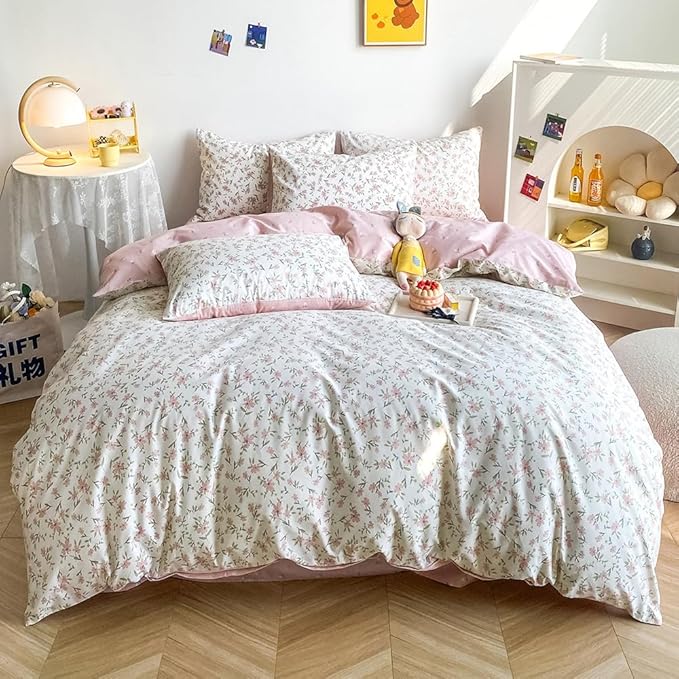 HighBuy Soft Cotton Floral Duvet Cover Twin White with Pink Floral Print,Garden Style Coquette Bedding Comforter Cover Bedding Set,Cottagecore Duvet Cover Set -1 Twin Duvet Cover,2 Pillowcases