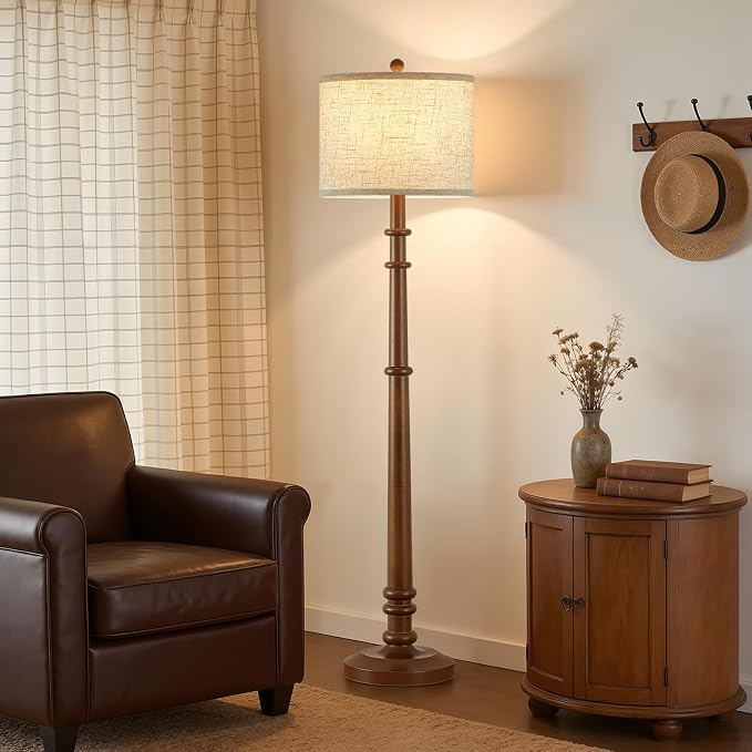 Floor Lamps for Living Room - 60" Wood Farmhouse Floor Lamp with Adjustable Color Temperatures - Vintage Standing Lamp Reading Light with Linen Shade Rustic Tall Lamp for Bedroom Office, Dining Room