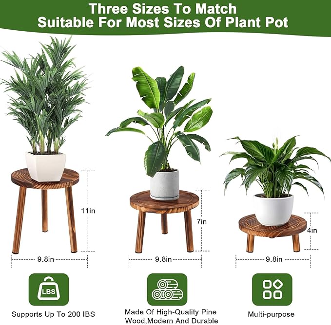 3-Pack Wood Plant Stands Indoor Outdoor, Mid-Century Modern Wooden Plant Stool for 6-11 Inch Pots, Tall Corner Plant Shelf Flower Pot Holder Table for Living Room, Balcony, Patio Decor