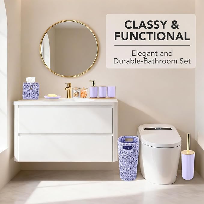 Bathroom Accessory Set, 10 Pieces Bath Set- Wicker Trash Can Tissue Box Soap Dish Toothbrush Holder Rinse Cup Lotion Bottle Toilet Brush Qtip Holder - Practical Bathroom Decor Sets (Purple, Bath Set)