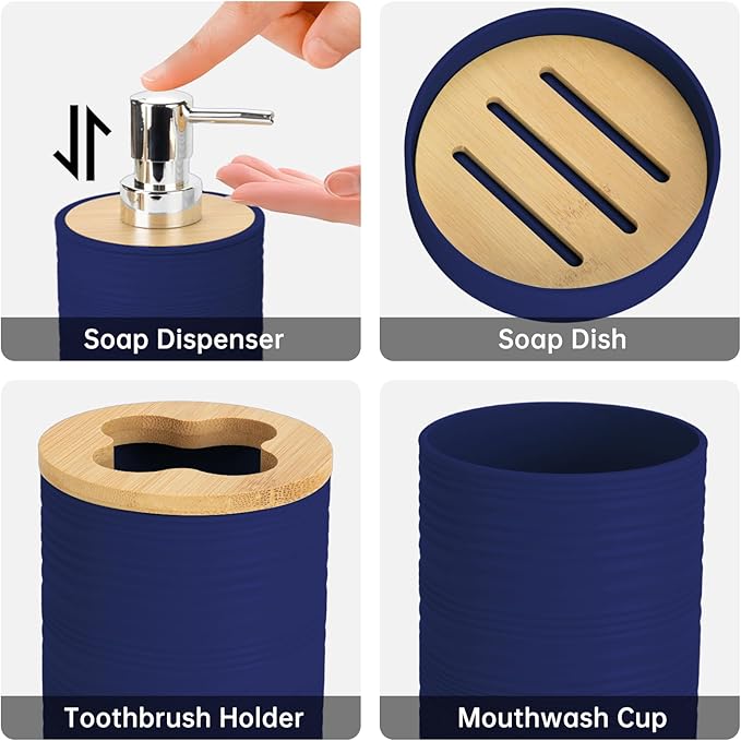 4 Pieces Bamboo Bathroom Accessories Set, Bathroom Accessory Set with Soap Dispenser and Toothbrush Holder, Soap Dish and Toothbrush Cup, Boho Bathroom Décor(Navy Blue)
