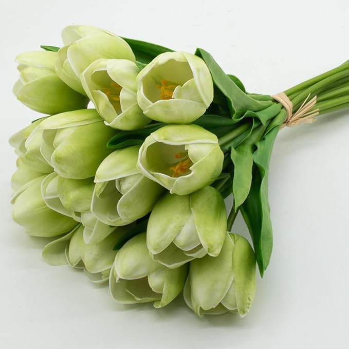 Buart Artificial Tulip in Bulk for Home Kitchen Wedding Bridal Bouquet,Fake Flowers for Valentine's Day Mother's Day Easter Table Centerpieces Decorations(Green,Real-Touch,12pcs)
