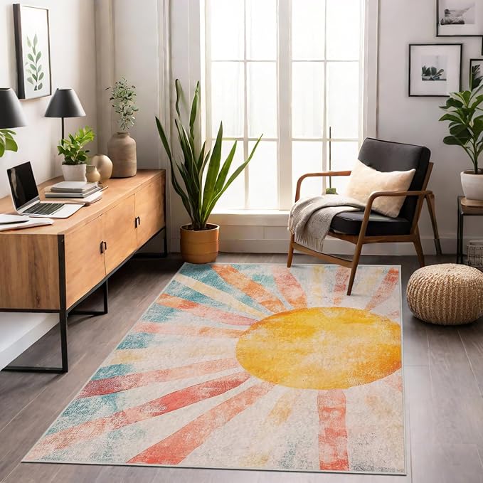 5x7 Boho Sun Area Rug Retro Orange Yellow Blue Beige Bedroom Rug Low Pile Thin Large Carpet Living Room Non Slip Dining Room Stain Resistant Office Washable Machine Classroom