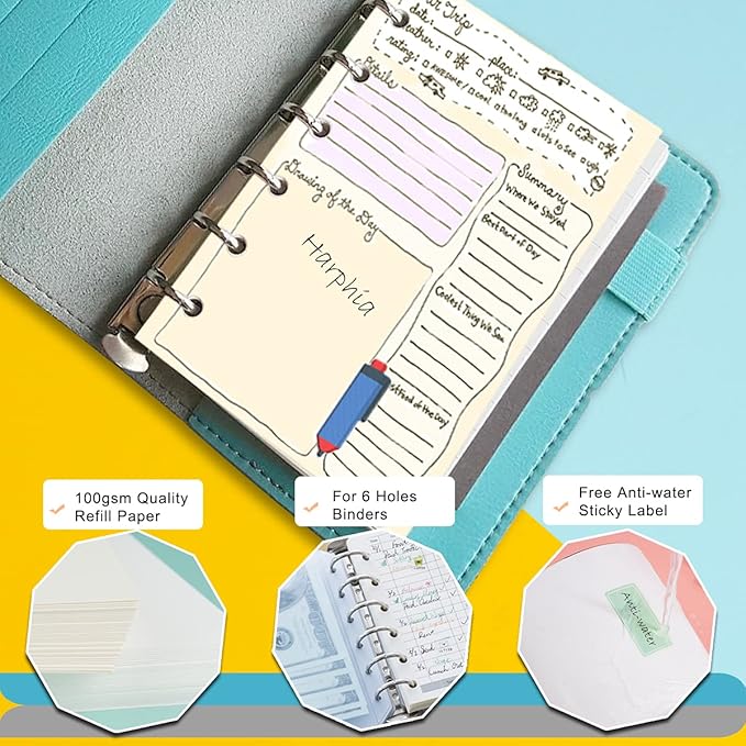 A7 Planner Refill,4 Pcs per Set, 360pages, Plain Blank Paper, with Label Stickers Gift,Mini Binder Refills,6 hole/100gsm Thick Paper/4.84 x 3.23'', Harphia